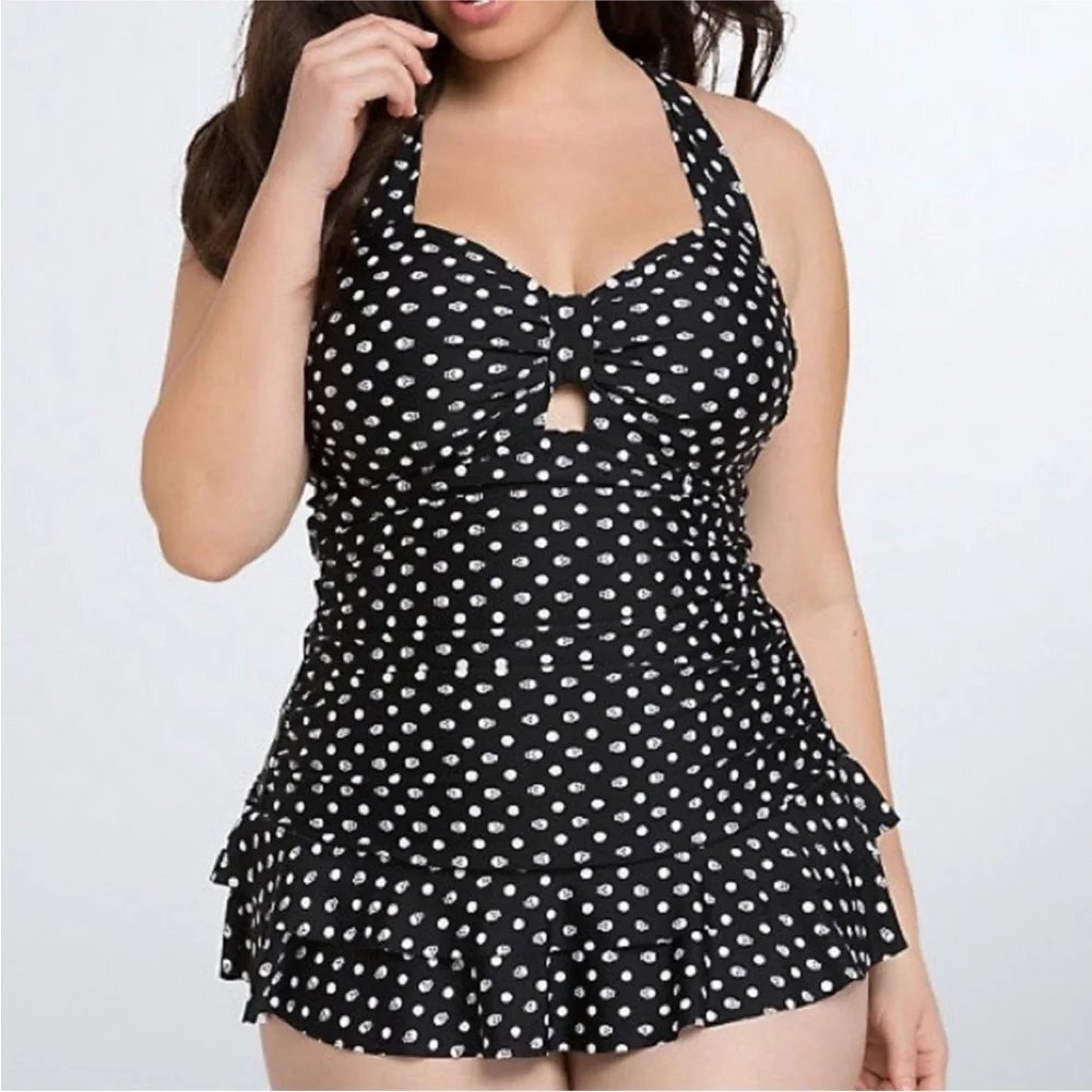Torrid 3 (3X 22/24) Skull Polka Dot Ruffle Skirted One Piece Padded Swimsuit - Picture 4 of 4